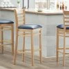Lancaster Table & Seating Natural Ladder Back Bar Height Chair With 2 1/2" Navy Padded Seat