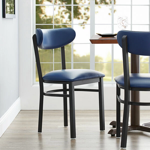LT&S Boomerang Series Lancaster Table & Seating Boomerang Black Finish Chair With 2 1/2" Navy Vinyl Padded Seat And Back 1 LT&S Boomerang Series Lancaster Table & Seating Boomerang Black Finish Chair With 2 1/2" Navy Vinyl Padded Seat And Back