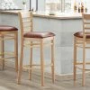 Lancaster Table & Seating Natural Ladder Back Bar Height Chair With 2 1/2" Burgundy Padded Seat