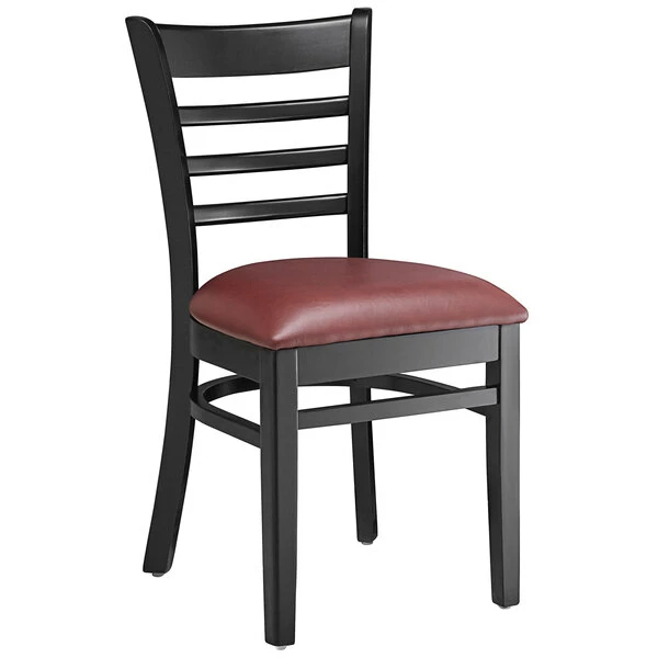 Lancaster Table & Seating Black Finish Wooden Ladder Back Chair With 2 1/2" Burgundy Padded Seat 2 Lancaster Table & Seating Black Finish Wooden Ladder Back Chair With 2 1/2" Burgundy Padded Seat - Image 2