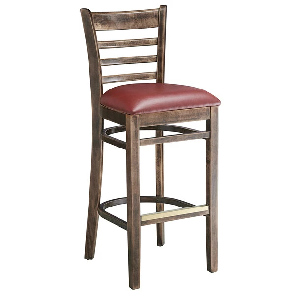 Lancaster Table & Seating Vintage Ladder Back Bar Height Chair With Burgundy Padded Seat 2 Lancaster Table & Seating Vintage Ladder Back Bar Height Chair With Burgundy Padded Seat - Image 2