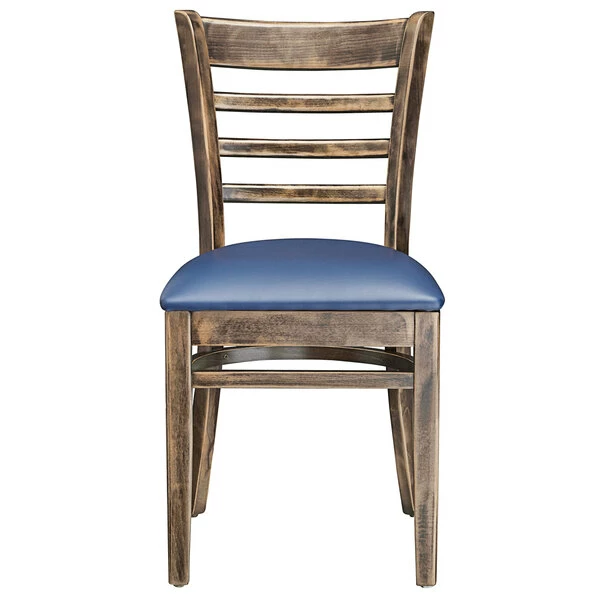 Lancaster Table & Seating Vintage Finish Wooden Ladder Back Chair With 2 1/2" Navy Padded Seat 5 Lancaster Table & Seating Vintage Finish Wooden Ladder Back Chair With 2 1/2" Navy Padded Seat - Image 5