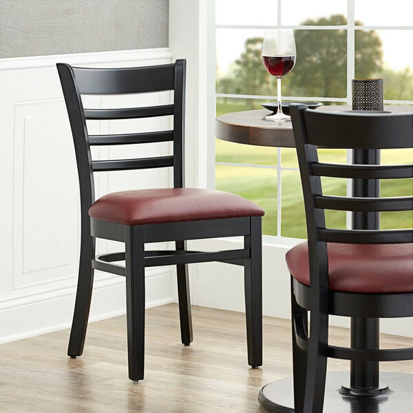 Lancaster Table & Seating Black Finish Wooden Ladder Back Chair With 2 1/2" Burgundy Padded Seat 1 Lancaster Table & Seating Black Finish Wooden Ladder Back Chair With 2 1/2" Burgundy Padded Seat