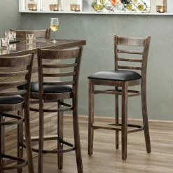 Lancaster Table & Seating Vintage Ladder Back Bar Height Chair With Black Padded Seat