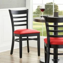 Lancaster Table & Seating Black Finish Wooden Ladder Back Chair With 2 1/2" Red Padded Seat