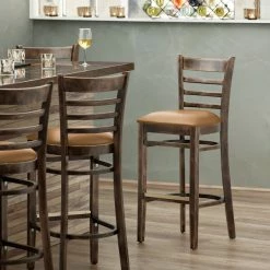 Lancaster Table & Seating Vintage Ladder Back Bar Height Chair With Light Brown Padded Seat