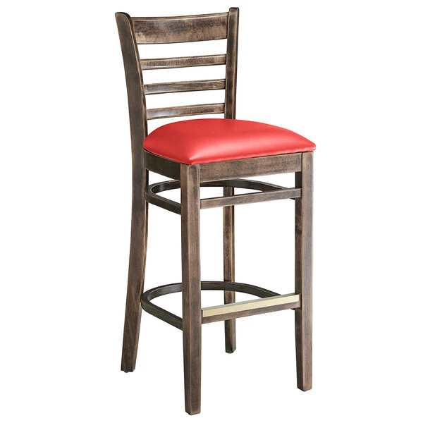 Lancaster Table & Seating Vintage Finish Ladder Back Bar Height Chair With Red Padded Seat 2 Lancaster Table & Seating Vintage Finish Ladder Back Bar Height Chair With Red Padded Seat - Image 2
