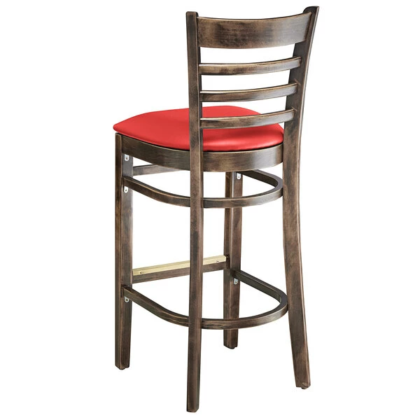 Lancaster Table & Seating Vintage Finish Ladder Back Bar Height Chair With Red Padded Seat 3 Lancaster Table & Seating Vintage Finish Ladder Back Bar Height Chair With Red Padded Seat - Image 3