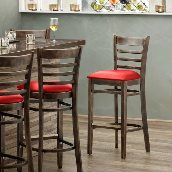 Lancaster Table & Seating Vintage Finish Ladder Back Bar Height Chair With Red Padded Seat 1 Lancaster Table & Seating Vintage Finish Ladder Back Bar Height Chair With Red Padded Seat