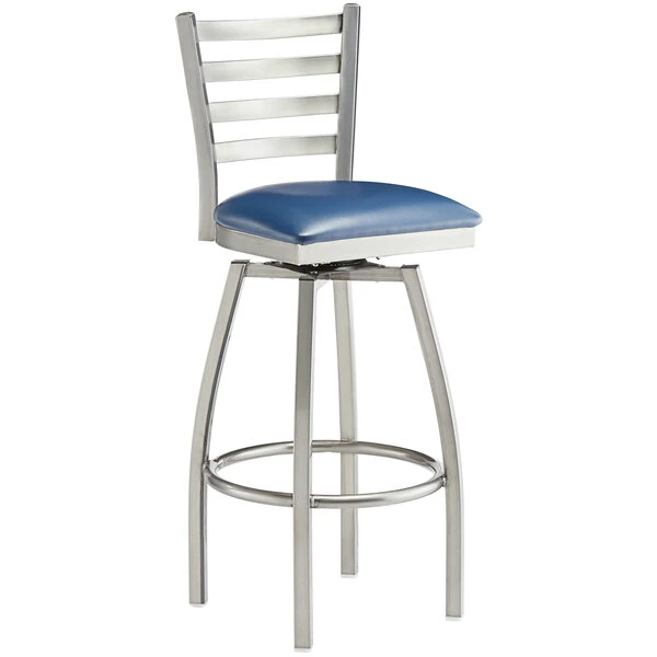 Lancaster Table & Seating Clear Coat Finish Ladder Back Swivel Bar Stool With 2 1/2" Navy Vinyl Padded Seat 2 Lancaster Table & Seating Clear Coat Finish Ladder Back Swivel Bar Stool With 2 1/2" Navy Vinyl Padded Seat - Image 2