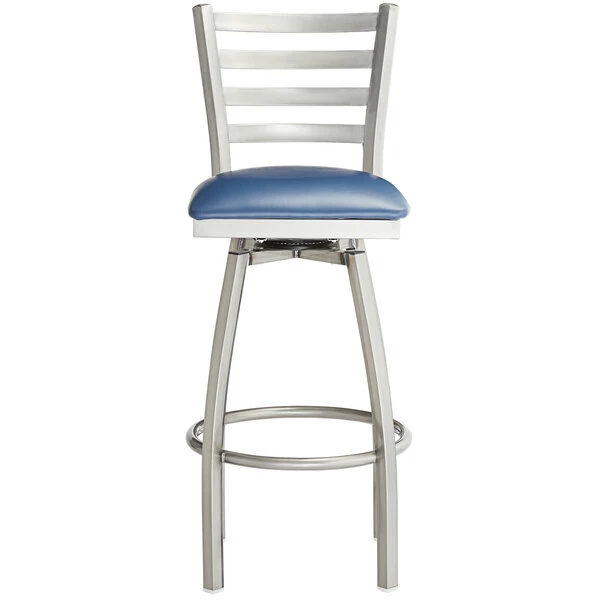 Lancaster Table & Seating Clear Coat Finish Ladder Back Swivel Bar Stool With 2 1/2" Navy Vinyl Padded Seat 4 Lancaster Table & Seating Clear Coat Finish Ladder Back Swivel Bar Stool With 2 1/2" Navy Vinyl Padded Seat - Image 4