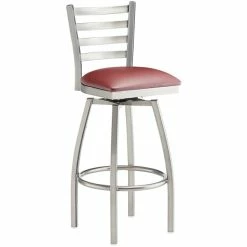 Lancaster Table & Seating Clear Coat Finish Ladder Back Swivel Bar Stool With 2 1/2" Burgundy Vinyl Padded Seat -Lancaster Table & Seating Shop 2124451
