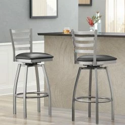 Lancaster Table & Seating Clear Coat Finish Ladder Back Swivel Bar Stool With 2 1/2" Black Vinyl Padded Seat