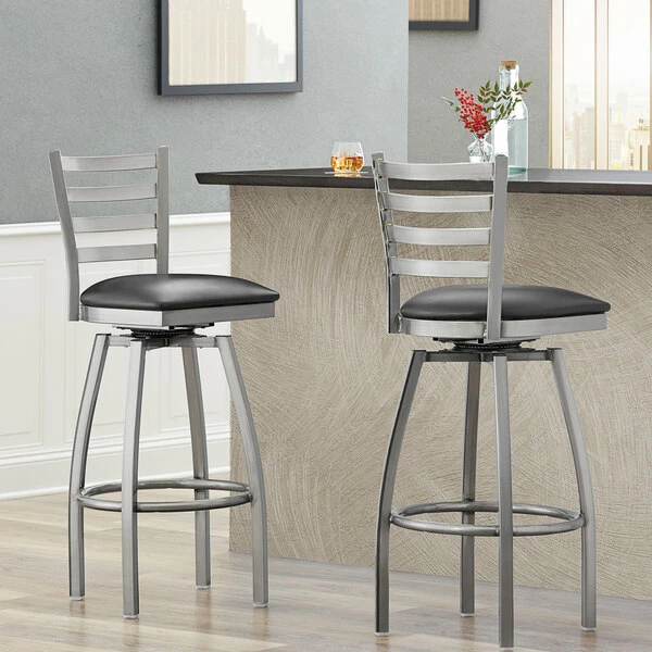 Lancaster Table & Seating Clear Coat Finish Ladder Back Swivel Bar Stool With 2 1/2" Black Vinyl Padded Seat 1 Lancaster Table & Seating Clear Coat Finish Ladder Back Swivel Bar Stool With 2 1/2" Black Vinyl Padded Seat