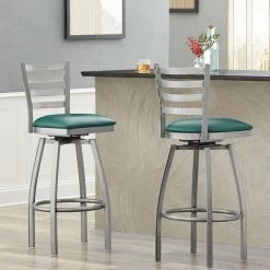 Lancaster Table & Seating Clear Coat Finish Ladder Back Swivel Bar Stool With 2 1/2" Green Vinyl Padded Seat