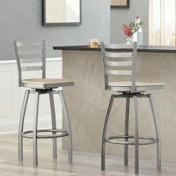 Lancaster Table & Seating Clear Coat Finish Ladder Back Swivel Bar Stool With Driftwood Seat