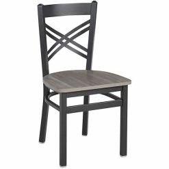 BFM Seating Akrin Sand Black Steel Cross Back Chair With Relic Chestnut Melamine Seat