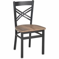 BFM Seating Akrin Sand Black Steel Cross Back Chair With Relic Knotty Pine Melamine Seat