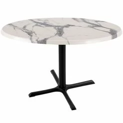 Holland Bar Stool OD211-3030BWOD36RWM 36" Round White Marble Laminate Outdoor / Indoor Standard Height Table With Cross Base