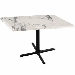 Holland Bar Stool OD211-3030BWOD36SQWM 36" Square White Marble Laminate Outdoor / Indoor Standard Height Table With Cross Base