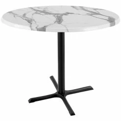 Holland Bar Stool OD211-3036BWOD36RWM 36" Round White Marble Laminate Outdoor / Indoor Counter Height Table With Cross Base