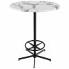 Holland Bar Stool OD21642BWOD30RWM 30" Round White Marble Laminate Outdoor / Indoor Bar Height Table With Foot Rest Base