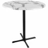 Holland Bar Stool OD211-3042BWOD36RWM 36" Round White Marble Laminate Outdoor / Indoor Bar Height Table With Cross Base