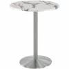 Holland Bar Stool OD214-2242SSOD30RWM 30" Round White Marble Laminate Outdoor / Indoor Bar Height Table With Stainless Steel Round Base