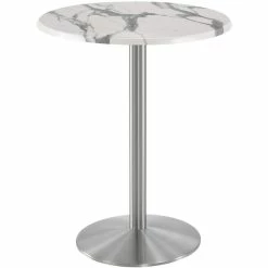Holland Bar Stool OD214-2242SSOD30RWM 30" Round White Marble Laminate Outdoor / Indoor Bar Height Table With Stainless Steel Round Base