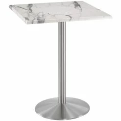 Holland Bar Stool OD214-2242SSOD30SQWM 30" Square White Marble Laminate Outdoor / Indoor Bar Height Table With Stainless Steel Round Base
