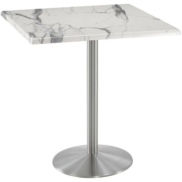 Holland Bar Stool OD214-2242SSOD36SQWM 36" Square White Marble Laminate Outdoor / Indoor Bar Height Table With Stainless Steel Round Base 1 Holland Bar Stool OD214-2242SSOD36SQWM 36" Square White Marble Laminate Outdoor / Indoor Bar Height Table With Stainless Steel Round Base