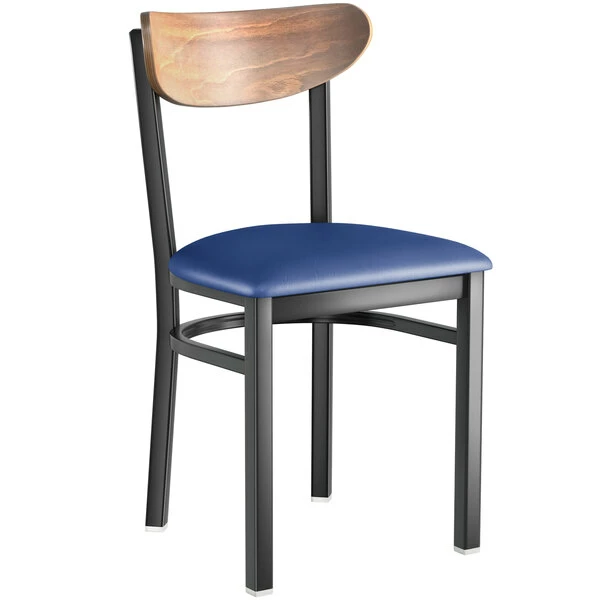 LT&S Boomerang Series Lancaster Table & Seating Boomerang Black Finish Chair With 2 1/2" Navy Vinyl Padded Seat And Vintage Wood Back 2 LT&S Boomerang Series Lancaster Table & Seating Boomerang Black Finish Chair With 2 1/2" Navy Vinyl Padded Seat And Vintage Wood Back - Image 2