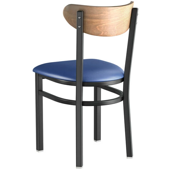 LT&S Boomerang Series Lancaster Table & Seating Boomerang Black Finish Chair With 2 1/2" Navy Vinyl Padded Seat And Vintage Wood Back 3 LT&S Boomerang Series Lancaster Table & Seating Boomerang Black Finish Chair With 2 1/2" Navy Vinyl Padded Seat And Vintage Wood Back - Image 3