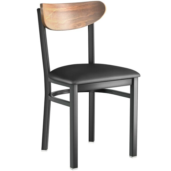 LT&S Boomerang Series Lancaster Table & Seating Boomerang Black Finish Chair With 2 1/2" Black Vinyl Padded Seat And Vintage Wood Back 2 LT&S Boomerang Series Lancaster Table & Seating Boomerang Black Finish Chair With 2 1/2" Black Vinyl Padded Seat And Vintage Wood Back - Image 2