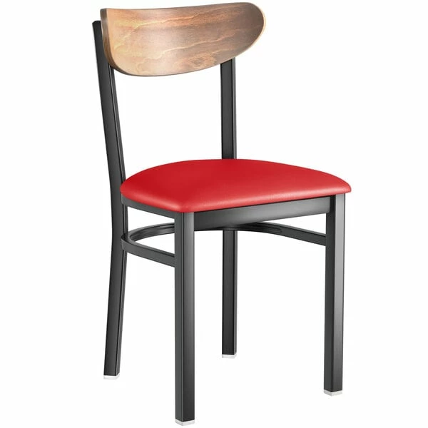LT&S Boomerang Series Lancaster Table & Seating Boomerang Black Finish Chair With 2 1/2" Red Vinyl Padded Seat And Vintage Wood Back 2 LT&S Boomerang Series Lancaster Table & Seating Boomerang Black Finish Chair With 2 1/2" Red Vinyl Padded Seat And Vintage Wood Back - Image 2