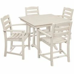 POLYWOOD La Casa Cafe 37" X 37" Sand Farmhouse Trestle 5-Piece Arm Chair Dining Set