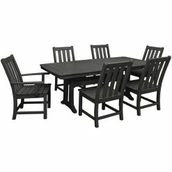 POLYWOOD Vineyard 7-Piece Black Dining Set With Nautical Trestle Table, 2 Arm Chairs, And 4 Side Chairs