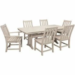 POLYWOOD Vineyard 7-Piece Sand Dining Set With Nautical Trestle Table, 2 Arm Chairs, And 4 Side Chairs