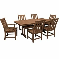 POLYWOOD Vineyard 7-Piece Teak Dining Set With Nautical Trestle Table, 2 Arm Chairs, And 4 Side Chairs