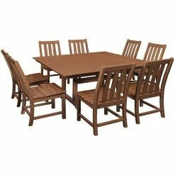 POLYWOOD Vineyard 9-Piece Teak Dining Set With Farmhouse Trestle Table