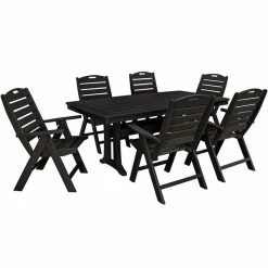 POLYWOOD Nautical 7-Piece Black Dining Set With 6 Folding Chairs And Nautical Trestle Table