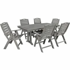 POLYWOOD Nautical 7-Piece Slate Grey Dining Set With 6 Folding Chairs And Nautical Trestle Table