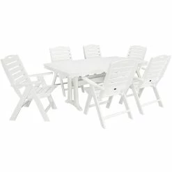POLYWOOD Nautical 7-Piece White Dining Set With 6 Folding Chairs And Nautical Trestle Table