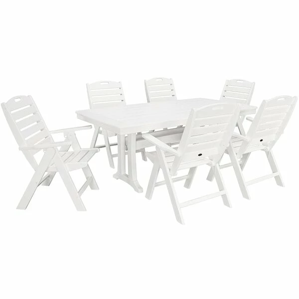POLYWOOD Nautical 7-Piece White Dining Set With 6 Folding Chairs And Nautical Trestle Table 1 POLYWOOD Nautical 7-Piece White Dining Set With 6 Folding Chairs And Nautical Trestle Table