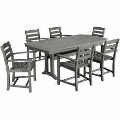 POLYWOOD La Casa Cafe 7-Piece Slate Grey Dining Set With 6 Arm Chairs And Nautical Trestle Table