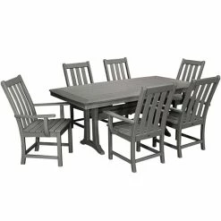 POLYWOOD Vineyard 7-Piece Slate Grey Dining Set With Nautical Trestle Table And 6 Arm Chairs