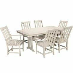 POLYWOOD Vineyard 7-Piece Sand Dining Set With Nautical Trestle Table And 6 Arm Chairs