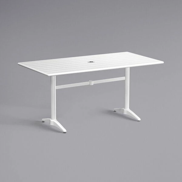 Lancaster Table & Seating 32" X 60" White Powder-Coated Aluminum Dining Height Outdoor Table With Umbrella Hole And 6 Side Chairs 3 Lancaster Table & Seating 32" X 60" White Powder-Coated Aluminum Dining Height Outdoor Table With Umbrella Hole And 6 Side Chairs - Image 3