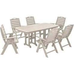 POLYWOOD Nautical 7-Piece Sand Dining Set With 6 Folding Chairs