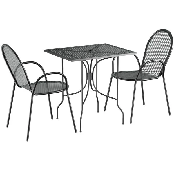 Lancaster Table & Seating Harbor Black 24" X 30" Rectangular Outdoor Standard Height Table With Ornate Legs And 2 Arm Chairs 2 Lancaster Table & Seating Harbor Black 24" X 30" Rectangular Outdoor Standard Height Table With Ornate Legs And 2 Arm Chairs - Image 2